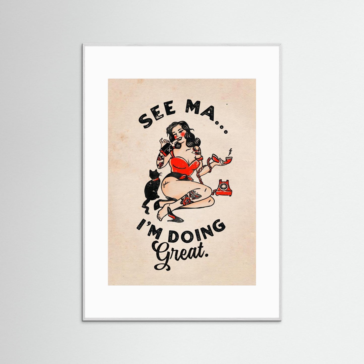 See Ma Poster Funny Vintage Pinup Girl & Cat by The Whiskey Ginger