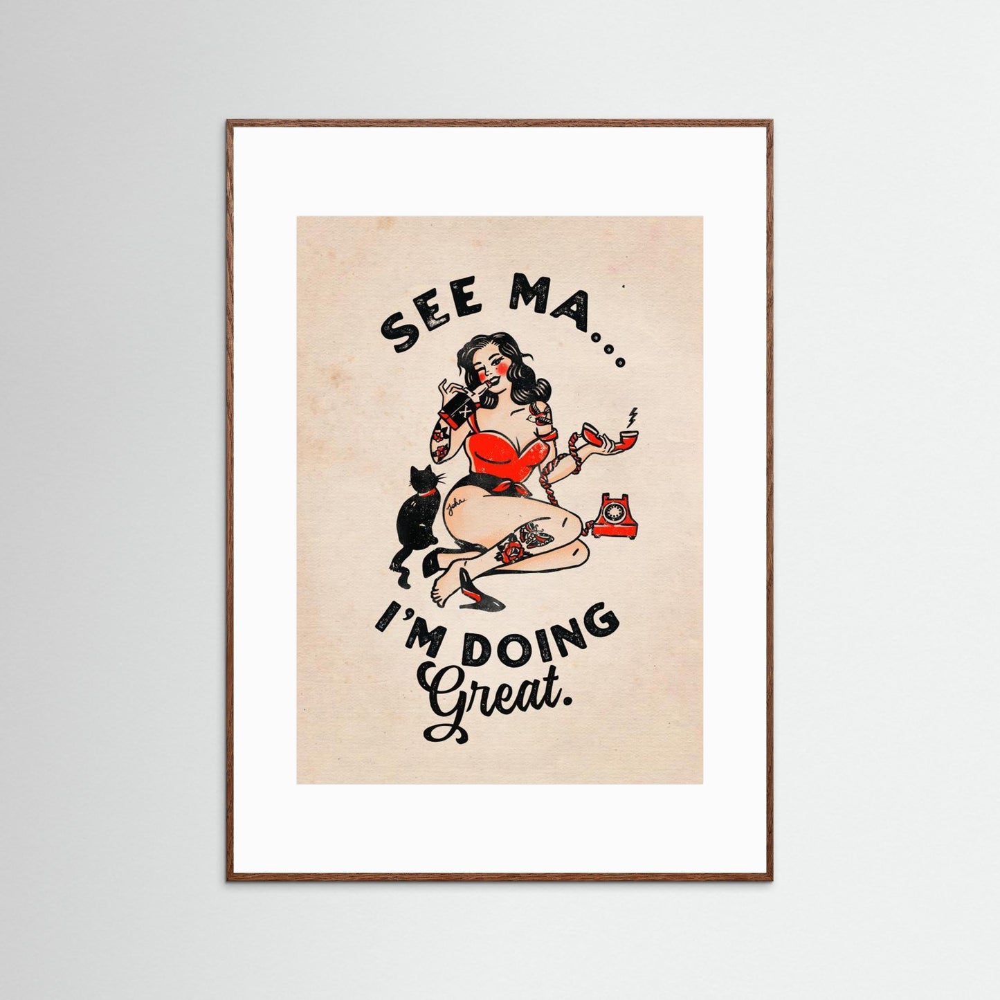 See Ma Poster Funny Vintage Pinup Girl &amp; Cat by The Whiskey Ginger
