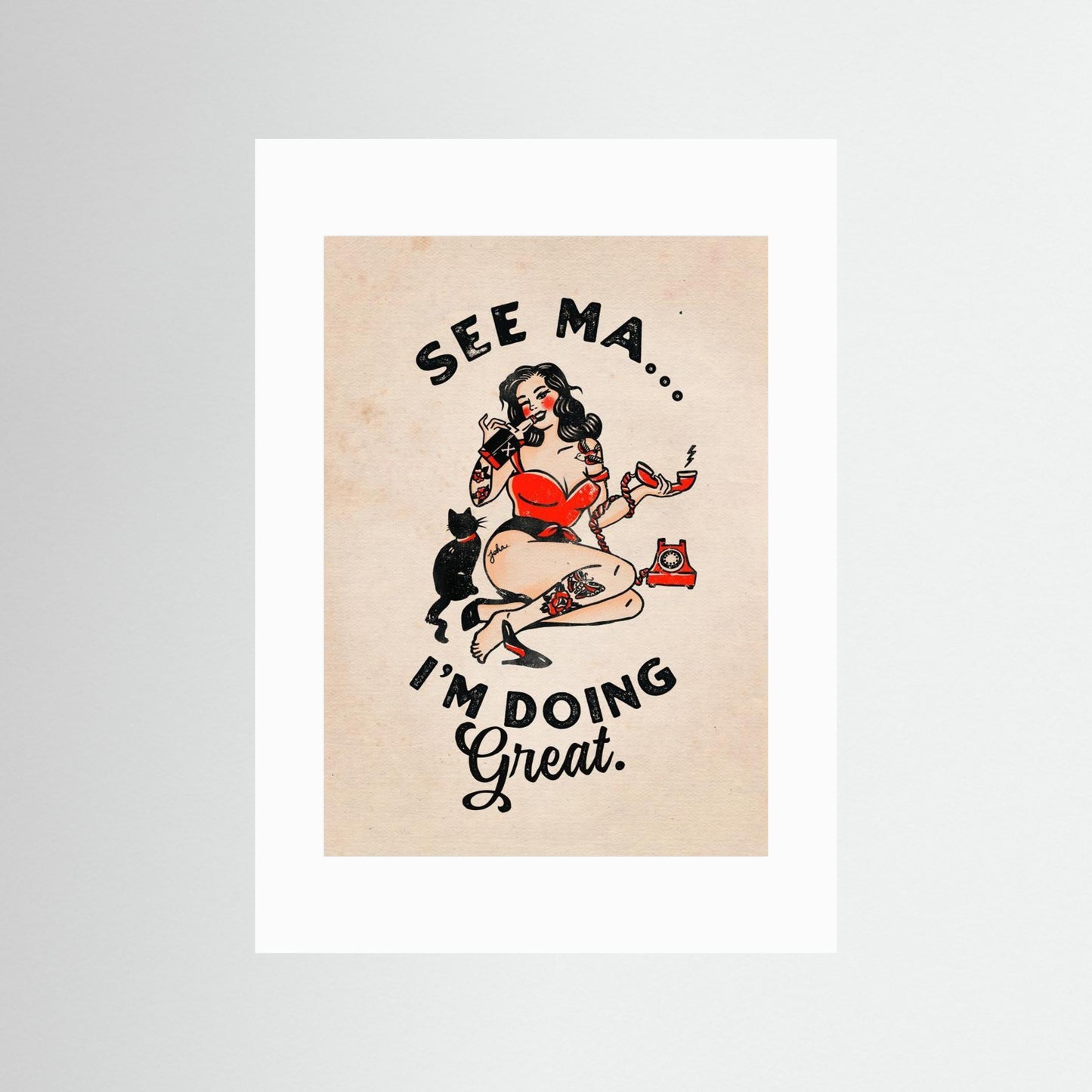 See Ma Poster Funny Vintage Pinup Girl &amp; Cat by The Whiskey Ginger